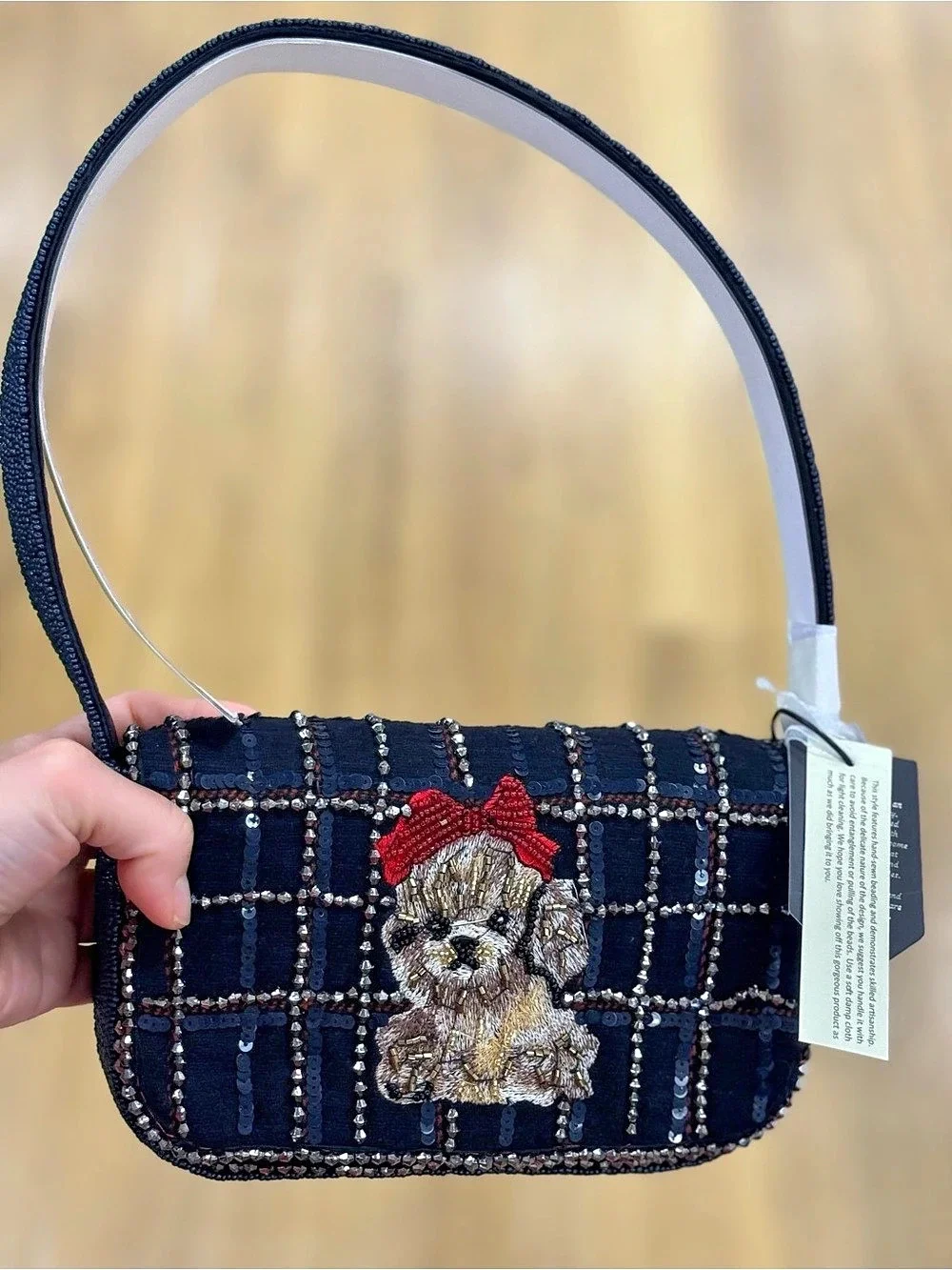 Beaded Plaid Shoulder Bag in Black & Red NWT